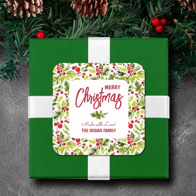 Sticker Carré Noël Berries vertes Fête de la Nourriture Maison (Merry Christmas, Made with Love square stickers with greenery and red berries)