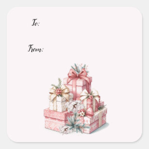Sticker Carré Noël Blush Rose et Fleurs 