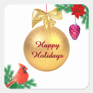 Sticker Carré Noël boule, cône d'oiseau et de pin sur blanc