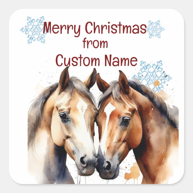 Sticker Carré Noël Cute Chevaux Couple Personnaliser animale (Devant)