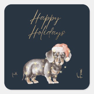 Sticker Carré Noël Dachshund Chien Santas Casquette Faux Gold Fo