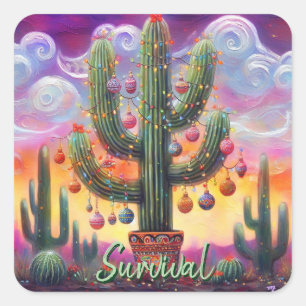 Sticker Carré Noël dans le désert Sud-Ouest Saguaro Cactus