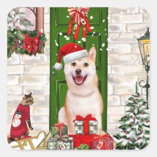 Sticker Carré Noël de Chien Shiba Inu