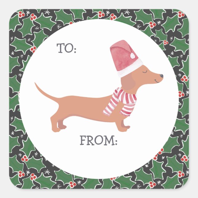 Sticker Carré Noël de mignonne Dachshund (Devant)