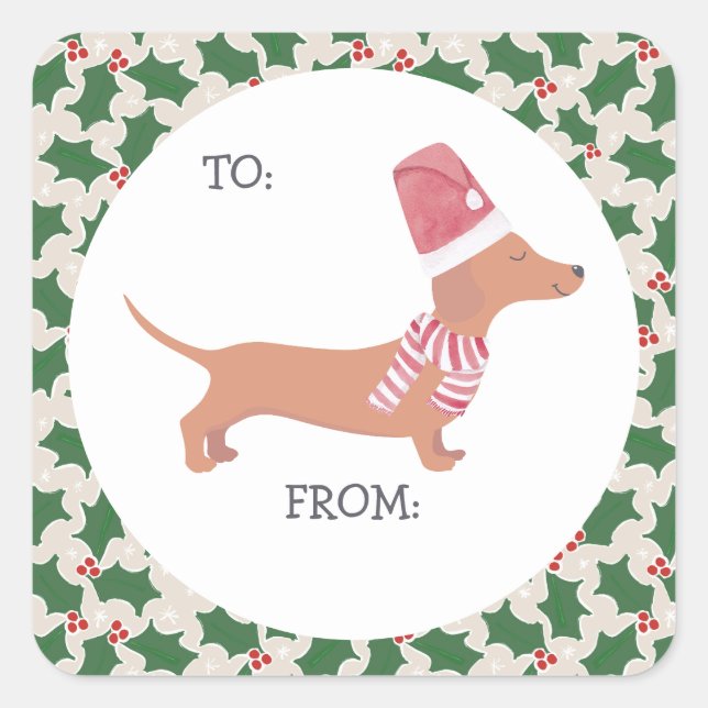 Sticker Carré Noël de mignonne Dachshund (Devant)
