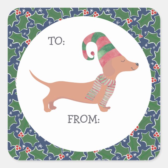 Sticker Carré Noël de mignonne Dachshund (Devant)