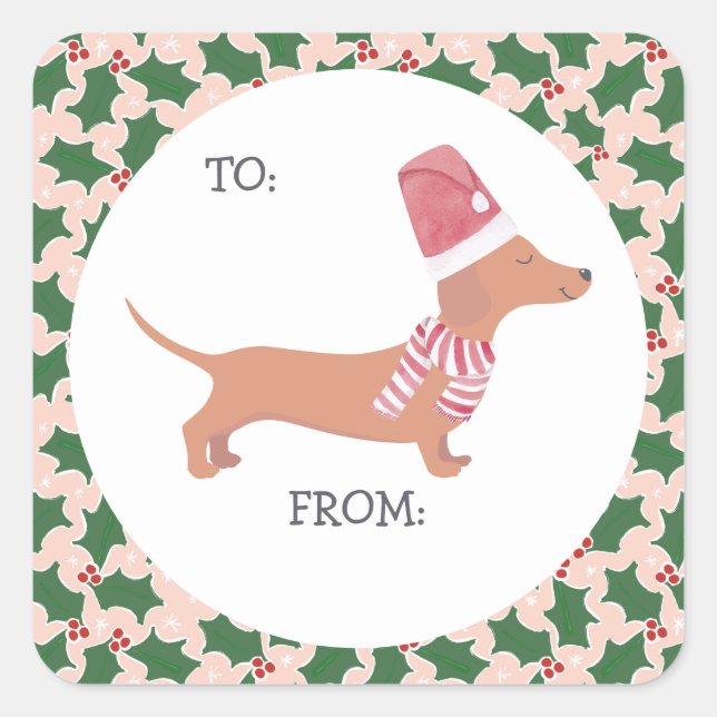 Sticker Carré Noël de mignonne Dachshund (Devant)