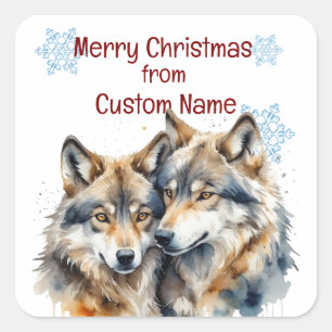 Sticker Carré Noël de mignons loups Couple Personnaliser animale