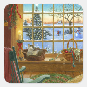 Sticker Carré Noël du chat cosy