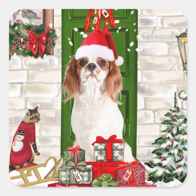 Sticker Carré Noël du chien Cavalier King (Devant)