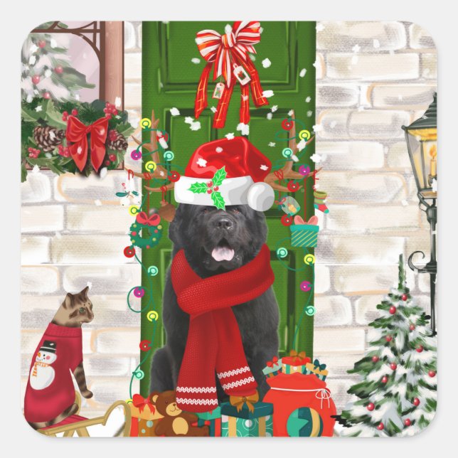 Sticker Carré Noël du chien de Terre-Neuve (Devant)