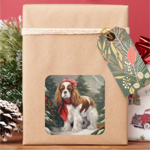 Sticker Carré Noël du chien espagnol Cavalier King Charles