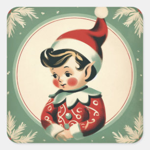 Sticker Carré Noël Elf Cute Vacances Vintages
