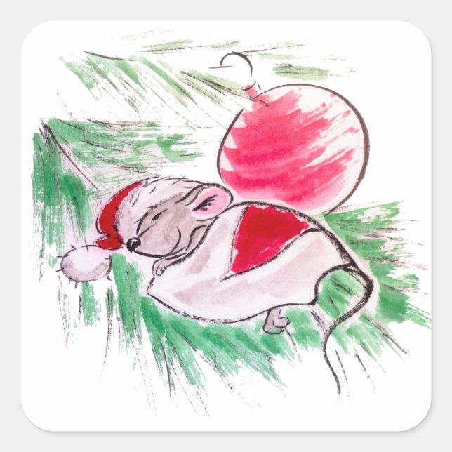 Sticker Carré Noël et le Nouvel An dormir petite souris (Devant)