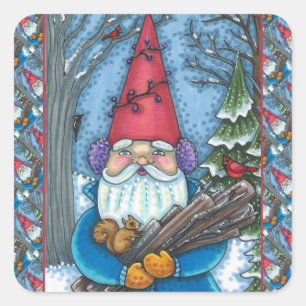 STICKER CARRÉ NOËL GNOME, SQUIRREL, WOODPECKER & CARDINAL