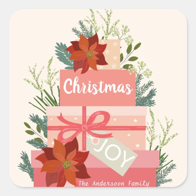 Sticker Carré Noël Joy Red Poinsettias personnalisation (Devant)