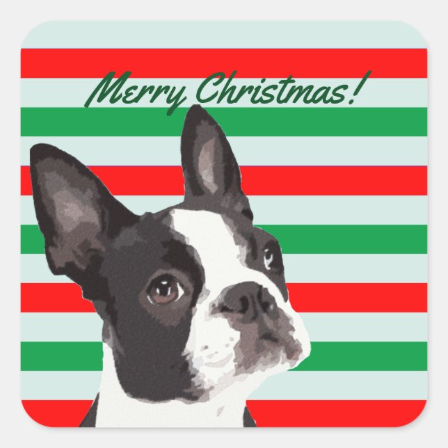 Sticker Carré Noël Joyeux à Boston Terrier (Devant)
