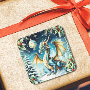 Sticker Carré Noël Magique du Dragon avec le houx