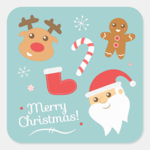 Sticker Carré Noël mignon avec Père Noël, Reindeer, pain d'épice