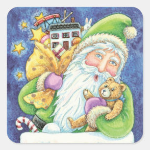 Sticker Carré Noël mignon, Père Noël à Chimney avec jouets