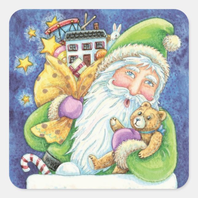 Sticker Carré Noël mignon, Père Noël à Chimney avec jouets (Devant)