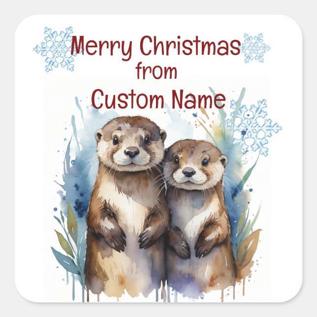 Sticker Carré Noël mignonne Otter Couple Personnaliser animale (Devant)