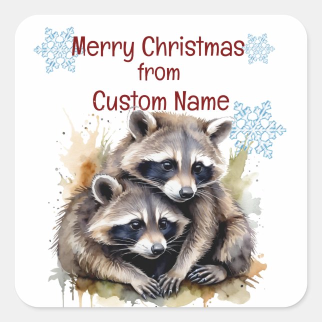 Sticker Carré Noël mignonne Raccoon Couple Personnaliser animale (Devant)
