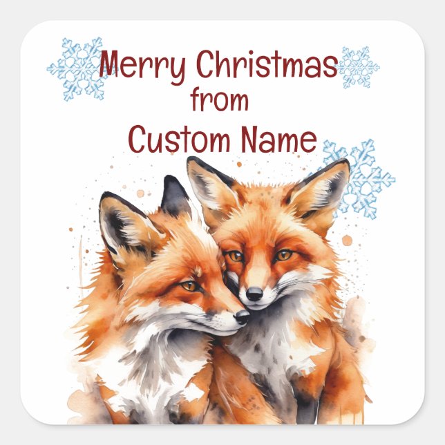 Sticker Carré Noël mignonne Renards Couple Personnaliser animale (Devant)