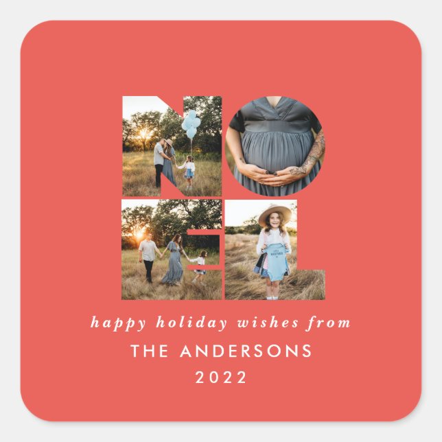 Sticker Carré Noel Noël bold moderne 4 photo simple Holiday (Devant)