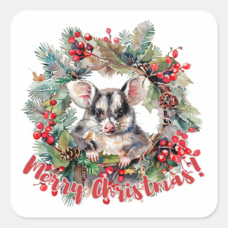 Sticker Carré Noël Opossum Berries Holly Feuilles