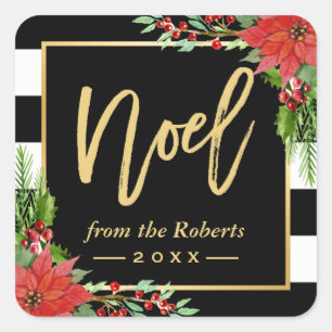 Sticker Carré Noel Or Script Noël Poinsettia Décor Floral