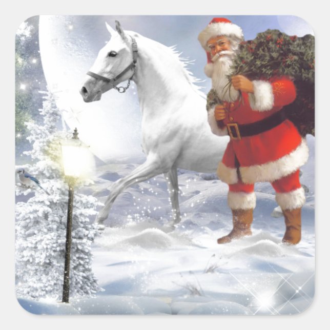 Sticker Carré Noël Père Noël avec Cheval Blanc (Devant)