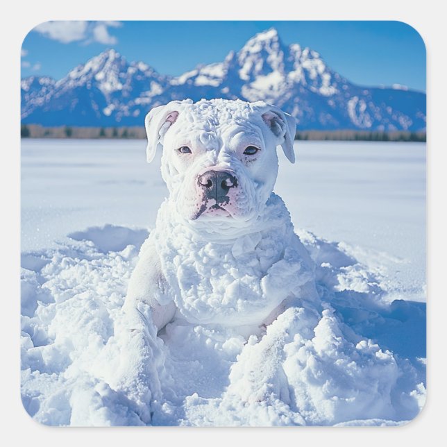 Sticker Carré Noël Pitbull Chien Snowman (Devant)