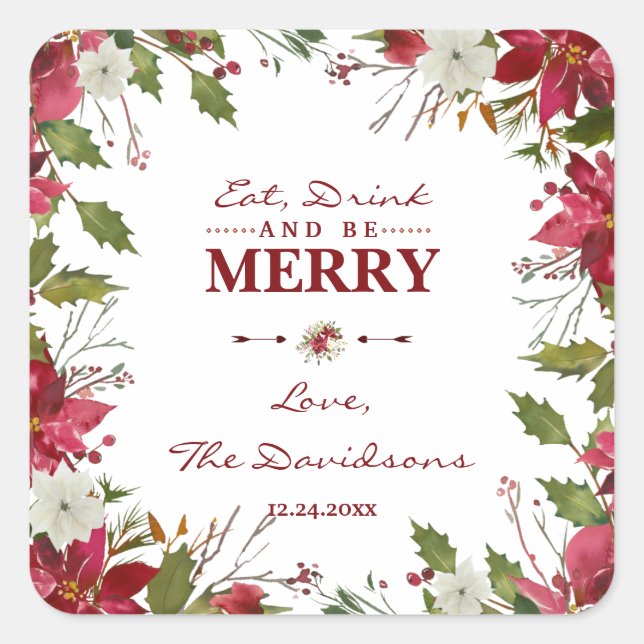 Sticker Carré Noël Rouge Poinsettia Manger Boire et être Joyeux (Devant)