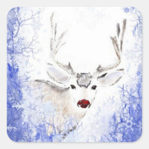Sticker Carré Noël Salutation Deer Blue Snowflakes