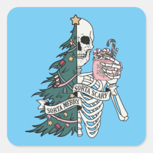 Sticker Carré Noël Sorta Scare Sorta Merry Funny Skeleton