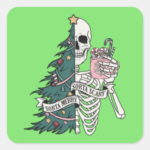Sticker Carré Noël Sorta Scare Sorta Merry Funny Skeleton