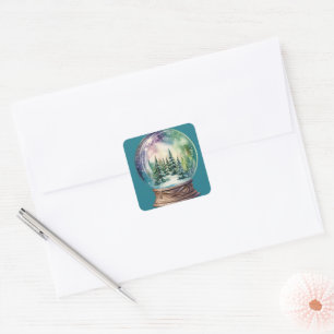 Sticker Carré Noël Vert Aurora Borealis Dans Un Snowglobe
