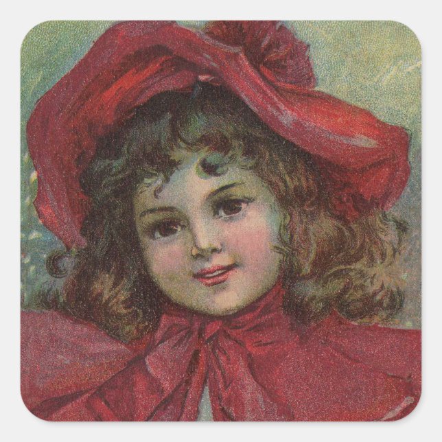 Sticker Carré Noël Victorien Enfant Rouge Casquette Portrait Fil (Devant)
