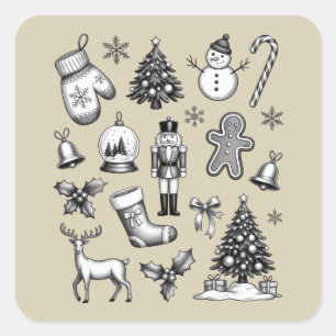 Sticker Carré Noël vintage 90 rétro Xmas vacances