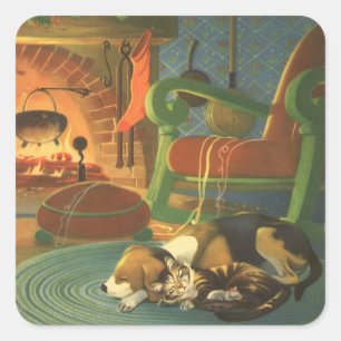 Sticker Carré Noël vintage, Animaux endormis près de la cheminée