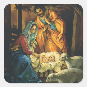 Sticker Carré Noël vintage de la Nativité, Enfant Jésus dans la 