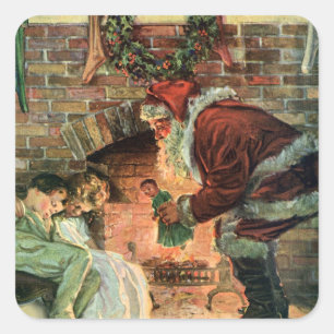 Sticker Carré Noël vintage, enfants au Père Noël victorien