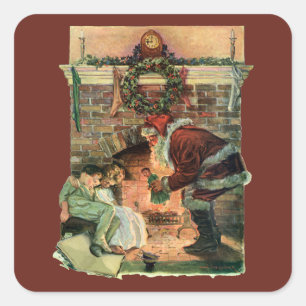 Sticker Carré Noël vintage, enfants au Père Noël victorien