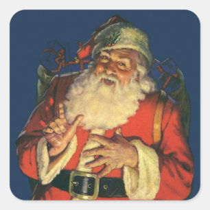 Sticker Carré Noël vintage, Jolly Santa Claus avec jouets
