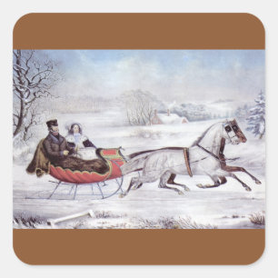 Sticker Carré Noël vintage, La route d'hiver, Traîneau à cheval