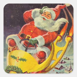 Sticker Carré Noël vintage, le Père Noël dans un vaisseau spatia