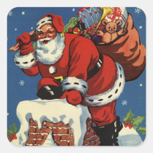 Sticker Carré Noël vintage, le Père Noël descend par la cheminée