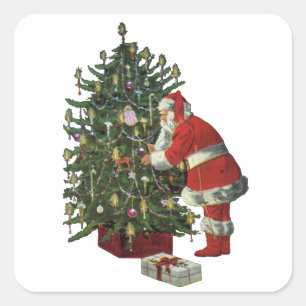 Sticker Carré Noël vintage, Père Noël avec présents