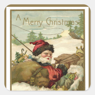 Sticker Carré Noël vintage, Père Noël victorien dans un traîneau